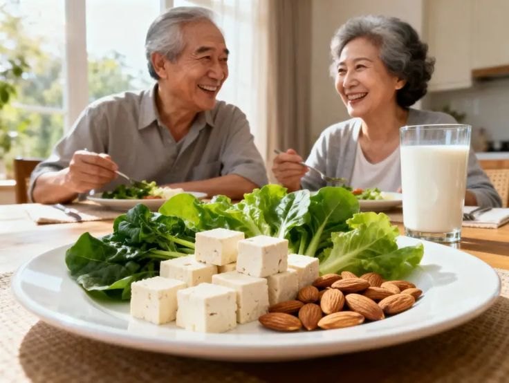 بشقاب متنوع با پروتئین، سبزی و لبنیات در کنار سفره‌ی خانوادگی
